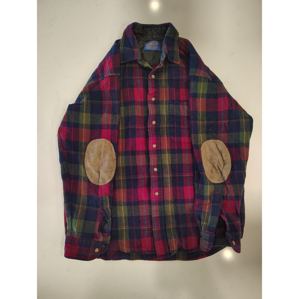 Pendleton Mens Vintage Wool Plaid Board Shirt Elbow Patches Multicolor Large